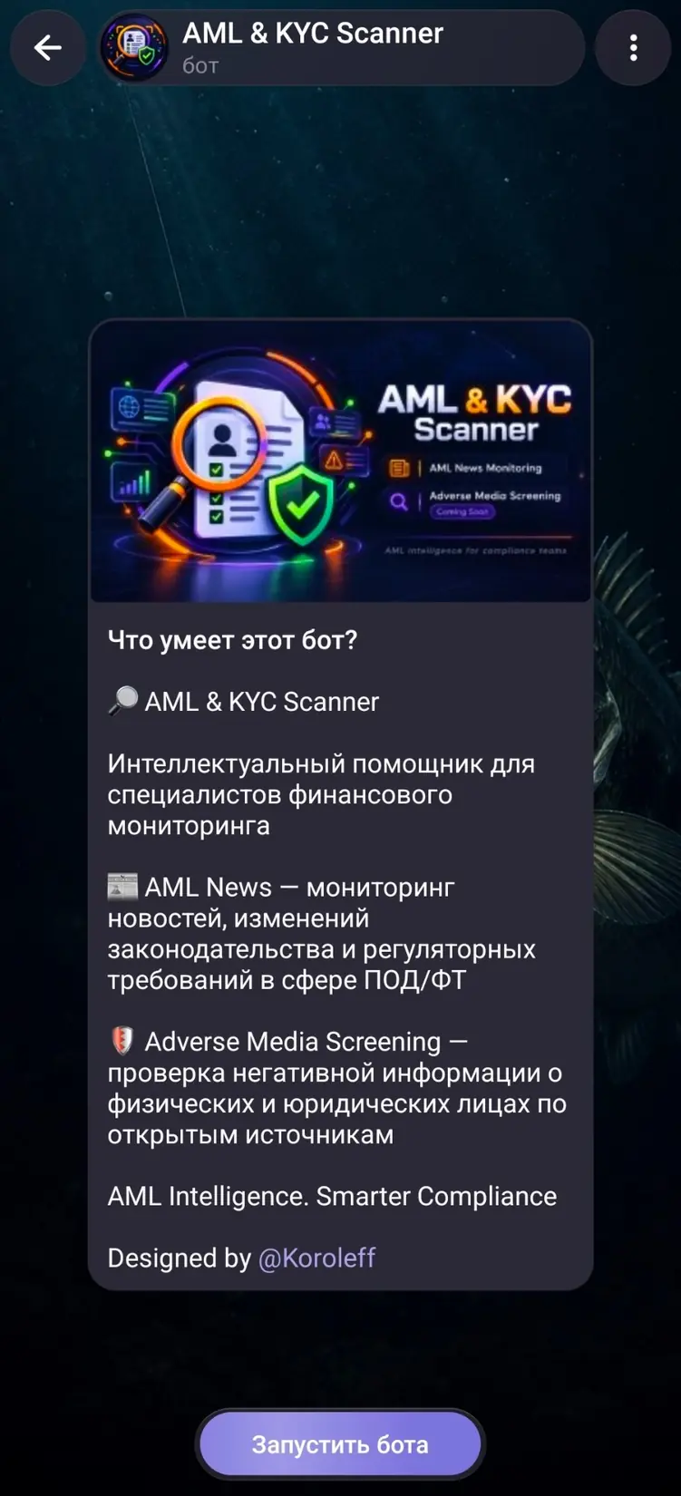 Профиль Telegram-бота: реальный экран Telegram-бота AML & KYC Scanner