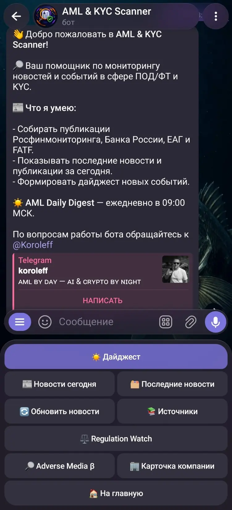 Главное меню: реальный экран Telegram-бота AML & KYC Scanner